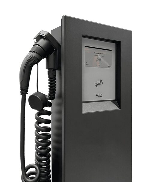 V2C POLE with spring cables (2×22 kW), 8” Display, 4G, LAN/Wifi, RFID