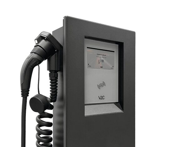 V2C POLE with spring cables (2×22 kW), 8” Display, 4G, LAN/Wifi, RFID